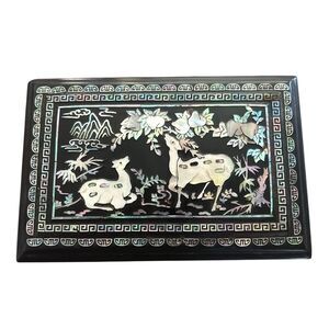 VTG Chinese Deer Inlay mother of pearl Abalone Jewelry Box Black Lacquer Floral